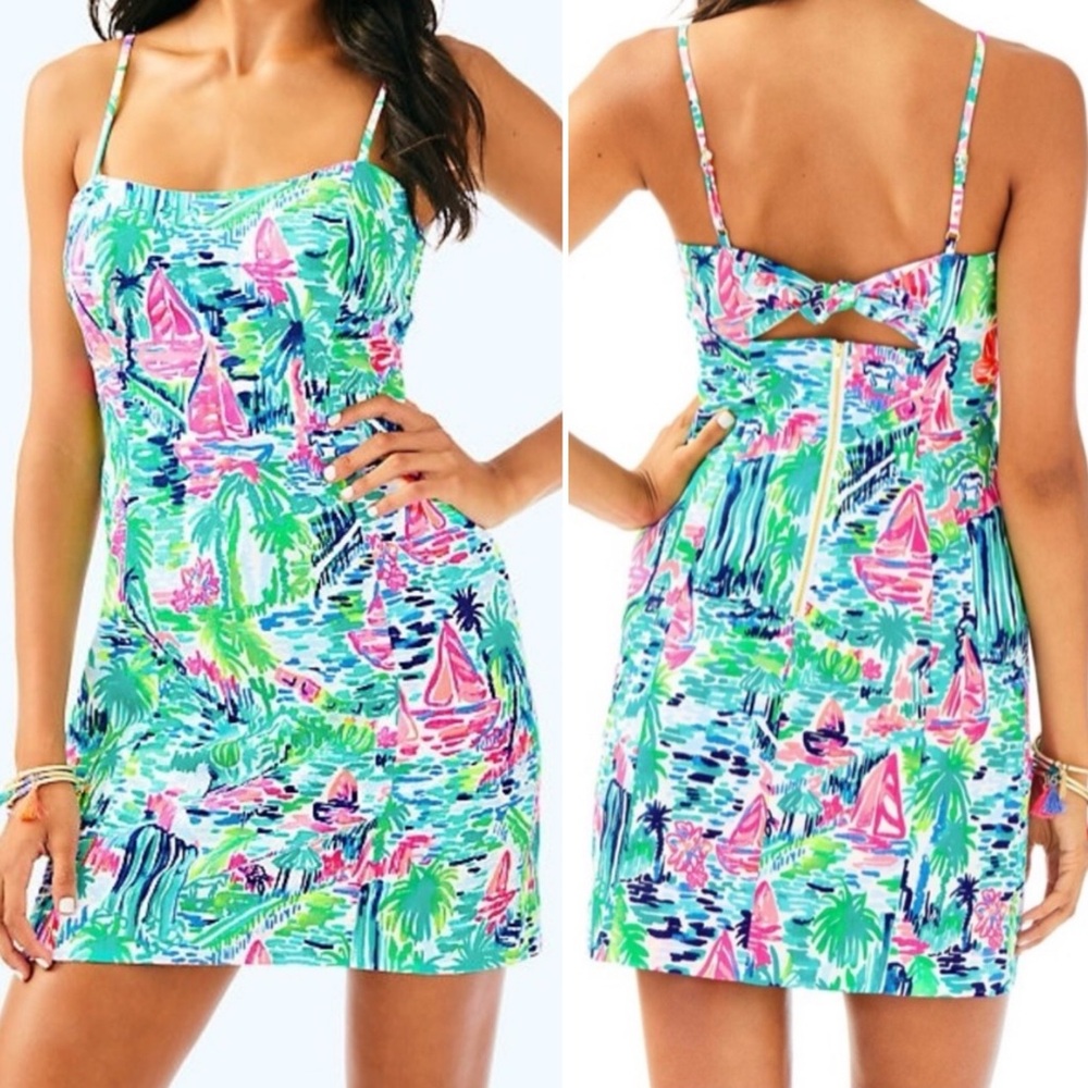 Lilly‎ Pulitzer Shelli Stretch Shift Dress 0 Salt in the Air beach tropical palm